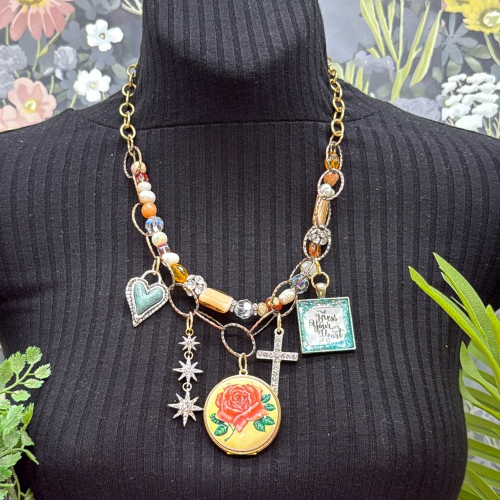 🌟Adorned Crown Jewelry assemblage bless your heart rose locket charm necklace
